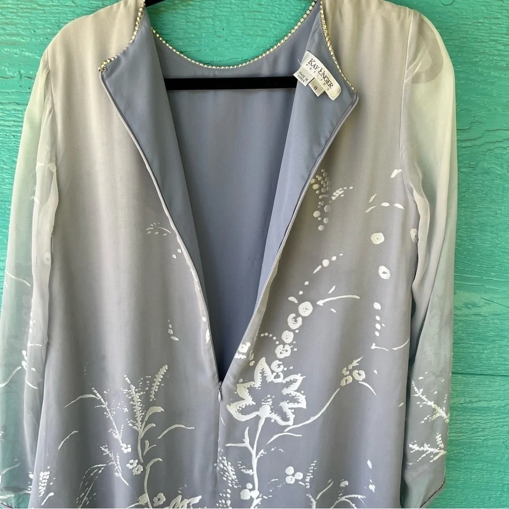 SILK VINTAGE OVERLAY OMBRÉ GRAY SILVER  PRINT DRESS SIZE 8 KAY UNGER LUXURY
